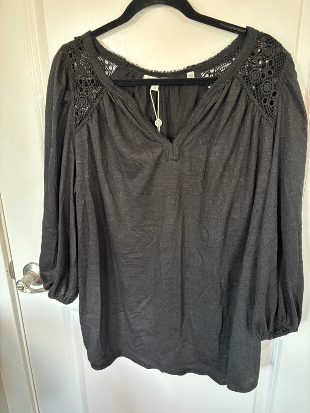 Max Studio Black Crochet-Yoke Peasant Top